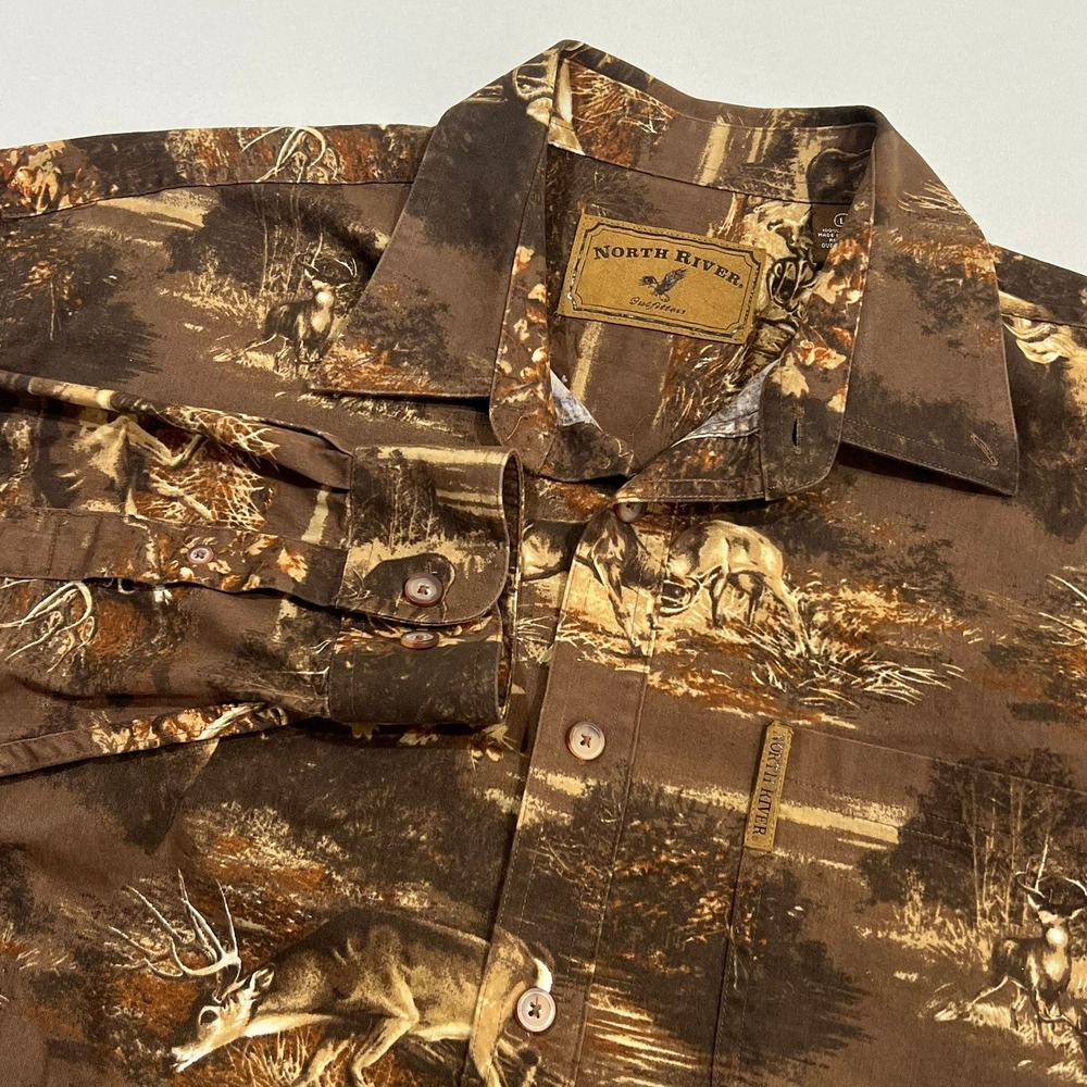 North River Button Down Shirt Deer Scenic Print Buffalo Brown Mens Large 7140194